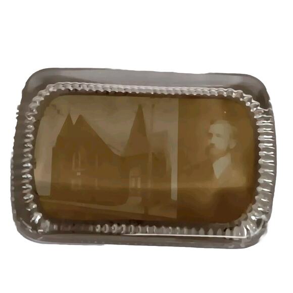 Vintage Glass Paperweight Souvenir Rectangle Church Man Pyro Photo 4" x 2.75" - Picture 1 of 6